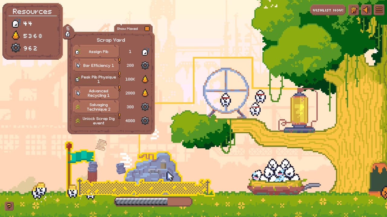 Pibcremental screenshot of a colorful tree settlement with Pibbles and resource buildings